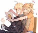  :3 :d absurdres ahoge aqua_eyes artoria_pendragon_(all) bangs baseball_cap black_gloves black_neckwear blonde_hair blush bracelet braid chinese_commentary coffee commentary_request cup cutoffs eyebrows_visible_through_hair fang fate/apocrypha fate/grand_order fate/stay_night fate_(series) formal gloves hair_between_eyes hat highres holding holding_cup holding_paper jewelry layered_clothing lion_hat mordred_(fate) mordred_(fate)_(all) mother_and_daughter multiple_girls necktie open_mouth orange_shirt paper ponytail saber shirt short_sleeves simple_background sitting smile suit t-shirt tuxedo v-shaped_eyebrows white_background yorukun 