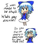  blush_stickers bow chibi cirno commentary dabogon dress english hair_bow highres ice ice_wings jitome pointing pointing_at_viewer short_hair touhou wings 