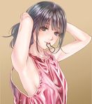  adjusting_hair armpits arms_up bangs bare_shoulders black_eyes black_hair blush hair_tie hair_tie_in_mouth kinoebi long_hair looking_at_viewer mouth_hold original oversized_clothes ponytail simple_background smile solo tank_top tying_hair 