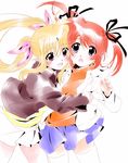  2girls blonde_hair blue_eyes blush brown_hair couple fate_testarossa hair_ornament happy hug jacket looking_at_another lyrical_nanoha mahou_shoujo_lyrical_nanoha multiple_girls pigtails red_eyes ribbon smile surprised takamachi_nanoha tokoharu twintails yuri 