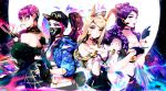  4girls ahri akali animal_ears bare_shoulders baseball_cap black_gloves blonde_hair bracelet breasts choker claws cleavage cropped_jacket double_bun earrings evelynn face_mask feather_trim fingerless_gloves fox_ears glasses gloves hat heart heart_choker heart_earrings heco_(mama) highres idol jacket jewelry k/da_(league_of_legends) k/da_ahri k/da_akali k/da_evelynn k/da_kai&#039;sa k/da_kai'sa kai&#039;sa kai'sa large_breasts league_of_legends lipstick long_hair looking_at_viewer makeup mask medium_breasts microphone midriff multiple_girls open_clothes open_jacket pince-nez ponytail purple_eyes purple_hair purple_lipstick short_hair single_earring smile spray_can upper_body whisker_markings yellow_eyes 