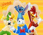  2017 4_fingers alien avian beak belt bird blue_claws blue_fur blue_nose blue_sclera bow_tie cheek_tufts chest_tuft chicken claws clothed clothed/nude clothing digital_media_(artwork) disney donald_duck duck experiment_(species) feathers fur gloves green_feathers group harara hat head_tuft hi_res jacket jos&eacute;_carioca lilo_and_stitch looking_at_viewer looking_up no_iris no_sclera nose_wrinkle notched_ear nude on_head one_eye_closed open_mouth open_smile orange_eyes outline panchito_pistoles parrot pattern_background philtrum red_feathers shaka signature simple_background smile sombrero stitch striped_background the_three_caballeros tuft white_feathers wink yellow_beak 