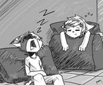  2015 anthro canine chef_cheiro_(character) clothed clothing cushion drooling duo eri_washington_(panzery25) eyes_closed female fox greyscale inside lying mammal monochrome on_front open_mouth panzery25 saliva signature sitting sleeping sofa sound_effects zzz 