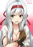  breasts brown_eyes collarbone dated gloves gradient gradient_background headband highres japanese_clothes kamelie kantai_collection large_breasts long_hair open_mouth partly_fingerless_gloves pink_background shoukaku_(kantai_collection) solo tears torn_clothes twitter_username white_hair yugake 