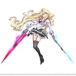  1girl armor bangs black_boots black_legwear blazer blonde_hair blue_eyes boots breasts claudia_enfield dual_wielding faulds floating_hair full_body fur_trim gakusen_toshi_asterisk garter_straps glowing glowing_sword glowing_weapon hair_between_eyes hair_intakes half-closed_eyes holding holding_weapon kawakami_tetsuya light_smile long_hair long_sleeves looking_at_viewer neon_trim official_art school_uniform simple_background skirt smile solo standing sword thigh_boots thighhighs transparent_background turtleneck very_long_hair weapon wide_sleeves zettai_ryouiki 