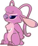  2015 alien alpha_channel angel_(lilo_and_stitch) antennae breast_markings chest_tuft claws disney ears_back experiment_(species) eyelashes fluffy fur half-closed_eyes hands_behind_back head_tuft lilo_and_stitch markings no_sclera outline philtrum pink_claws pink_fur purple_eyes purple_nose side_view simple_background small_tail solo squirrelsphere toe_claws transparent_background tuft unamused 