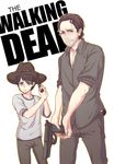 2boys blue_eyes brown_hair bubux carl_grimes child copyright_name facial_hair family father_and_son gun hat male multiple_boys rick_grimes simple_background stubble text the_walking_dead weapon white_background 