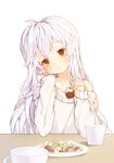  1girl blueberry blush butter cake cherry coffee_mug collarbone cup eyebrows_visible_through_hair food fruit highres holding holding_spoon long_hair looking_at_viewer original pancake plate smile solo strawberry sweater table teacup tp_(kido_94) whipped_cream white_hair yellow_eyes 