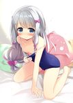  bangs barefoot blue_eyes blue_swimsuit blush bow breasts closed_mouth collarbone competition_school_swimsuit day downblouse eromanga_sensei eyebrows_visible_through_hair hair_bow izumi_sagiri kneeling long_hair looking_at_viewer low-tied_long_hair nagayama_yuunon one-piece_swimsuit pillow pulled_by_self purple_bow school_swimsuit silver_hair small_breasts solo swimsuit swimsuit_pull tareme thighs 
