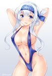  armpits arms_up bad_id bad_twitter_id blue_eyes blue_swimsuit blush breasts covered_nipples folded_ponytail gradient gradient_background headband kamoi_(kantai_collection) kantai_collection large_breasts long_hair looking_at_viewer navel nikoo open_mouth simple_background slingshot_swimsuit solo swimsuit twitter_username white_hair 