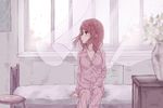  bad_id bad_pixiv_id blush brown_eyes brown_hair cherry_blossoms commentary curtains houjou_karen idolmaster idolmaster_cinderella_girls long_hair looking_away pajamas profile roki_(0214278) solo wind window 