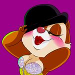  2017 4_fingers blush bowler_hat cabaret_(musical) chipmunk clarice close-up clothing disney dress eyelashes eyes_closed hand_behind_back hat hat_tip hi_res lips mammal pink_background pose rave_(pixiv_11020113) red_nose rodent sally_bowles simple_background smile 