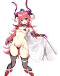  :d armor bikini_armor black_gloves black_legwear blue_eyes blush breasts cape earrings elbow_gloves elizabeth_bathory_(brave)_(fate) elizabeth_bathory_(fate)_(all) fafas68 fang fate/grand_order fate_(series) gauntlets gloves groin highres horns jewelry long_hair looking_at_viewer medium_breasts navel open_mouth pauldrons pink_hair simple_background smile solo standing sweat thighhighs tiara underboob white_background 