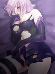  areola_slip areolae armor armored_dress bare_shoulders black_dress blush breasts cowboy_shot dress elbow_gloves fate/grand_order fate_(series) gloves hair_over_one_eye highres large_breasts looking_at_viewer lying mash_kyrielight navel_cutout on_back purple_eyes purple_hair short_hair solo sweat tears thigh_strap thighhighs torn_clothes yumiya 