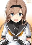  artist_name blue_eyes blush braid commentary_request dated gloves gradient gradient_background headband highres kamelie kantai_collection light_brown_hair long_hair looking_at_viewer open_mouth orange_background sailor_collar short_sleeves solo teruzuki_(kantai_collection) twin_braids white_gloves 