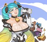  ^_^ alistar animal_costume animal_ears animal_print aqua_hair bare_shoulders bell blue_hair breasts cleavage closed_eyes commentary cow_bell cow_costume cow_ears cow_girl cow_horns cow_print gradient_hair highres horns large_breasts league_of_legends licking_lips long_hair milk multicolored_hair nose_piercing nose_ring piercing sona_buvelle splashbrush tongue tongue_out twintails very_long_hair 