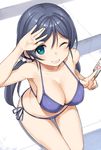  ;d aqua_eyes arm_up armpits bangs bare_arms bare_shoulders between_fingers bikini blush breasts card cleavage collarbone commentary_request eyebrows_visible_through_hair from_above grin hair_ornament hair_scrunchie holding holding_card large_breasts long_hair looking_at_viewer looking_up love_live! love_live!_school_idol_project low_twintails one_eye_closed open_mouth parted_bangs poolside purple_bikini purple_hair purple_ribbon ribbon salute scrunchie side-tie_bikini sitting smile soaking_feet solo stairs string_bikini swimsuit takayaki tareme tarot teeth thigh_gap toujou_nozomi twintails very_long_hair 