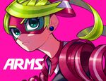  arms_(game) blonde_hair close-up closed_mouth copyright_name domino_mask earrings green_eyes hair_ribbon jewelry mask masshi pink_background ribbon ribbon_girl_(arms) ribbon_hair serious simple_background 