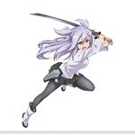  1girl bangs black_legwear black_skirt blush boots bow bowtie braid breasts eyebrows eyebrows_visible_through_hair full_body gakusen_toshi_asterisk gradient gradient_background gradient_hair highres holding holding_sword holding_weapon lavender_hair leaning_to_the_side long_hair long_sleeves looking_at_viewer medium_breasts one_leg_raised pantyhose petals purple_eyes school_uniform sheath silver_hair skirt solo standing standing_on_one_leg sword toudou_kirin two_side_up weapon wide_sleeves 