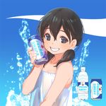  black_hair bottle can can_to_cheek commentary_request doraemon grin long_hair looking_at_viewer minamoto_shizuka pocari_sweat pop_kyun smile soda_can solo twintails water_bottle wet 