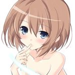  blanc blue_eyes blush breasts brown_hair censored cleavage collarbone eyebrows_visible_through_hair finger_to_mouth highres iwasi-r light_rays looking_at_viewer neptune_(series) nude open_mouth short_hair sidelocks simple_background small_breasts solo upper_body white_background 