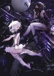  abyssal_twin_hime_(black) abyssal_twin_hime_(white) anklet arm_at_side arm_strap armlet ass bangs black_dress black_hair breasts dress elbow_gloves flat_chest gloves glowing glowing_eyes gods_(1073337800) hair_between_eyes hand_to_head headgear highres jewelry kantai_collection looking_at_viewer machinery medium_breasts multiple_girls no_pupils oxygen_mask panties pantyshot pantyshot_(standing) shinkaisei-kan short_dress short_hair single_elbow_glove sitting sleeveless sleeveless_dress standing thighhighs underwear upskirt weapon white_hair white_legwear white_panties yellow_eyes 