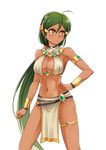  &gt;:) ahoge arm_at_side armlet armpits bare_shoulders blush bracer breasts cleavage cleavage_cutout clenched_hand closed_mouth collar cowboy_shot dark_skin egyptian_clothes emerald gem genderswap genderswap_(mtf) hair_between_eyes hair_ornament hairclip hand_on_hip highres league_of_legends legs_apart loincloth long_hair looking_away looking_to_the_side low_ponytail medium_breasts nam_(valckiry) navel orange_eyes pelvic_curtain renekton revealing_clothes simple_background skindentation smile solo standing stomach thigh_strap v-shaped_eyebrows very_long_hair white_background 