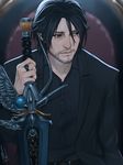  beard black_hair coralie_jubenot facial_hair final_fantasy final_fantasy_xv formal jewelry looking_to_the_side male_focus noctis_lucis_caelum open_collar ring smile solo suit sword throne upper_body weapon 
