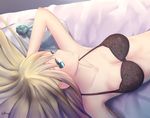  arm_up armpits bed_sheet black_bra blue_eyes bra breasts chyt cleavage closed_mouth collarbone eyelashes hand_on_head highres large_breasts lexington_(zhan_jian_shao_nyu) light long_hair looking_away looking_to_the_side lying on_bed rotated solo underwear upper_body zhan_jian_shao_nyu 