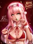  10s 1girl bikini blush breasts candy cape christmas christmas_gift darling_in_the_franxx food green_eyes hat large_breasts long_hair merry_christmas micro_bikini mumeaw open_mouth pink_hair ribbon santa_costume santa_hat shy signature simple_background solo swimsuit upper_body zero_two_(darling_in_the_franxx) 
