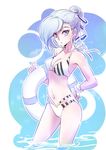  bikini blue_eyes blue_sky bow breasts cleavage commentary day hair_bow iesupa innertube medium_breasts navel rwby sky solo swimsuit wading water wet white_hair winter_schnee 