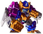 90s beast_wars beni_(nikaidera) cannon clenched_hand commentary_request glowing highres insignia machine machinery mecha megatron megatron_(beast_wars) no_humans oldschool predacon red_eyes robot simple_background smile solo spoilers teeth transformers weapon white_background 