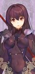  bodysuit breasts covered_navel eyebrows_visible_through_hair fate/grand_order fate_(series) hair_between_eyes hand_on_own_shoulder large_breasts looking_at_viewer open_mouth pauldrons pink_eyes polearm purple_bodysuit purple_hair scathach_(fate)_(all) scathach_(fate/grand_order) shovelwell solo spear weapon 