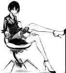  bare_legs blame! blame_gakuen! business_suit chair commentary_request formal full_body graviton_beam_emitter greyscale gun handgun high_heels holster leg_up looking_at_viewer miniskirt monochrome office_chair office_lady sanakan short_hair sitting skirt skirt_suit sleeves_folded_up solo strappy_heels suit thigh_holster ts2258 weapon white_background 
