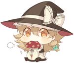  =3 apron bad_id bad_pixiv_id bangs blonde_hair blood blood_from_mouth blush braid brown_eyes chibi commentary eating hair_between_eyes hat kirisame_marisa lowres mushroom pig_ggul puffy_cheeks shaded_face side_braid simple_background sitting smile solo tareme touhou waist_apron white_background witch witch_hat 