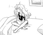  arm_support barefoot bed blanket bloomers camisole closed_eyes commentary_request dairi greyscale indian_style indoors kirisame_marisa long_hair messy_hair monochrome off_shoulder parted_lips pillow sitting sleepy slovenly solo touhou underwear waking_up wavy_hair window 
