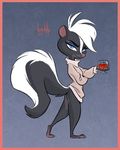  2017 anthro artbirchly_(artist) blue_eyes blue_eyeshadow bottomless brandy butt claws clothed clothing cognac courtney-brushmarke disney eyelashes fan_character female fur grey_fur hair looking_at_viewer mammal painted_claws raised_tail simple_background skunk smile snifter solo sweater turtleneck white_fur white_hair zootopia 