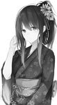  bangs blush closed_mouth floral_print flower greyscale hair_flower hair_ornament hand_in_hair hand_up japanese_clothes keid kimono long_hair looking_at_viewer monochrome obi original ponytail purple_flower sash sidelocks simple_background solo upper_body yukata 