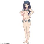  artist_name baba_arumi barefoot bikini black_hair blue_bikini blue_eyes breasts cleavage dated eromanga_sensei full_body groin hands_on_hips long_hair looking_at_viewer medium_breasts micro_bikini navel side-tie_bikini simple_background smile solo standing swimsuit takasago_tomoe underboob white_background 