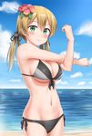  anchor_hair_ornament beach bikini blonde_hair blush breasts cloud day flower green_eyes grey_bikini hair_flower hair_ornament highres kantai_collection looking_at_viewer medium_breasts mismatched_bikini navel nedia_(nedia_region) ocean outdoors prinz_eugen_(kantai_collection) raised_fist sand side-tie_bikini smile solo stretch swimsuit twintails upper_body 