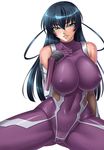  bangs bare_shoulders blue_hair blush bodysuit breasts covered_navel covered_nipples elbow_gloves eyebrows_visible_through_hair fishnets gloves green_eyes hand_on_own_chest highres igawa_asagi kagami_hirotaka large_breasts long_hair looking_at_viewer parted_lips simple_background skin_tight smile solo taimanin_(series) taimanin_asagi white_background 