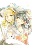  ame_choco ascot black_eyes black_hair blonde_hair blush bow broom commentary d: detached_sleeves dress fang hair_bow hair_tubes hakurei_reimu hat kirisame_marisa long_hair medium_hair messy_hair multiple_girls open_mouth shared_hat sweat touhou wavy_hair witch_hat yellow_eyes 