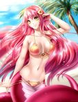  beach bikini bikini_pull blue_sky breasts cleavage collarbone cowboy_shot day fang_out gigamessy hair_ornament hairclip hand_in_hair lamia large_breasts light_particles long_hair looking_at_viewer miia_(monster_musume) monster_girl monster_musume_no_iru_nichijou navel o-ring o-ring_bikini orange_bikini outdoors palm_tree pointy_ears red_hair scales sky slit_pupils smile solo swimsuit tree very_long_hair yellow_eyes 