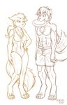  2017 anthro breasts canine clothing crossgender digitigrade evals female fox frisbee full_body hair heresy_(artist) keidran male mammal mike_(twokinds) monochrome ponytail sketch swimsuit tailwag twokinds wolf 