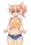  1girl cameltoe collarbone crop_top hevn highres kasumi_(pokemon) looking_at_viewer midriff navel open_fly orange_hair pokemon pokemon_(anime) short_shorts shorts side_ponytail simple_background smile solo suspenders suspenders_pull tank_top thigh_gap white_background 