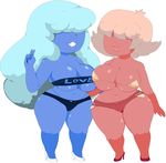  2girls bikini blue_skin breasts cleavage hair_over_eyes high_heels hoshime large_breasts lips multiple_girls padparadscha_(steven_universe) pink_hair pink_skin sapphire_(steven_universe) shorts steven_universe thick_thighs tubetop v wide_hips 