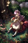  apron bag commentary creature hair_ornament hair_over_one_eye half-closed_eye highres john_su light_rays long_hair mushroom mushroom_girl open_mouth original outdoors purple_eyes purple_hair shoes sitting sitting_on_object sleeves_past_wrists sunbeam sunlight tree 