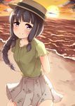  arms_behind_back bangs beach black_hair blouse blunt_bangs blush braid buttons closed_mouth cloud collarbone commentary_request cowboy_shot eyebrows_visible_through_hair frilled_sleeves frills hat highres kantai_collection kitakami_(kantai_collection) long_hair looking_at_viewer ocean pleated_skirt short_sleeves single_braid skirt smile solo soramuko sun sunset water 