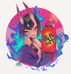  blush breasts commentary fangs fate/grand_order fate_(series) fire grey_background hair_ornament horns japanese_clothes kimono kyo_(kyokuto016) lantern looking_at_viewer oni oni_horns open_mouth purple_eyes purple_hair short_hair shuten_douji_(fate/grand_order) signature small_breasts smile solo twitter_username 