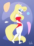  2017 animaniacs anthro artbirchly_(artist) blonde_hair blue_eyeshadow butt clothed clothing dark_eyes female fur hair looking_at_viewer mammal minerva_mink mink mustelid red_dress simple_background solo white_fur 